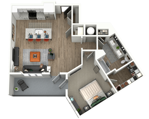 Floor plan for 1 bed, 1 bath, 841 sqft
